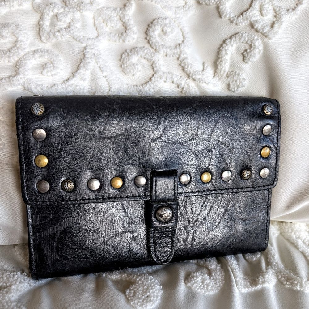 Patricia Nash Trifold 🖤Black Leather Wallet /Brass & Silver Studded Detail